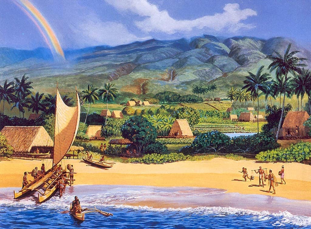 Painting of Ka'anapali, Maui. Kānaka ʻŌiwi bring in their catch and wa'a kaulua while a wa'a heads out. Behind them are poi fields, rainbow, and hale.
