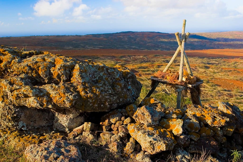 A lele, or offering tower, set up on the rocky surface of Pu‘u ‘O Moa‘ula Iki on Kaho‘olawe.