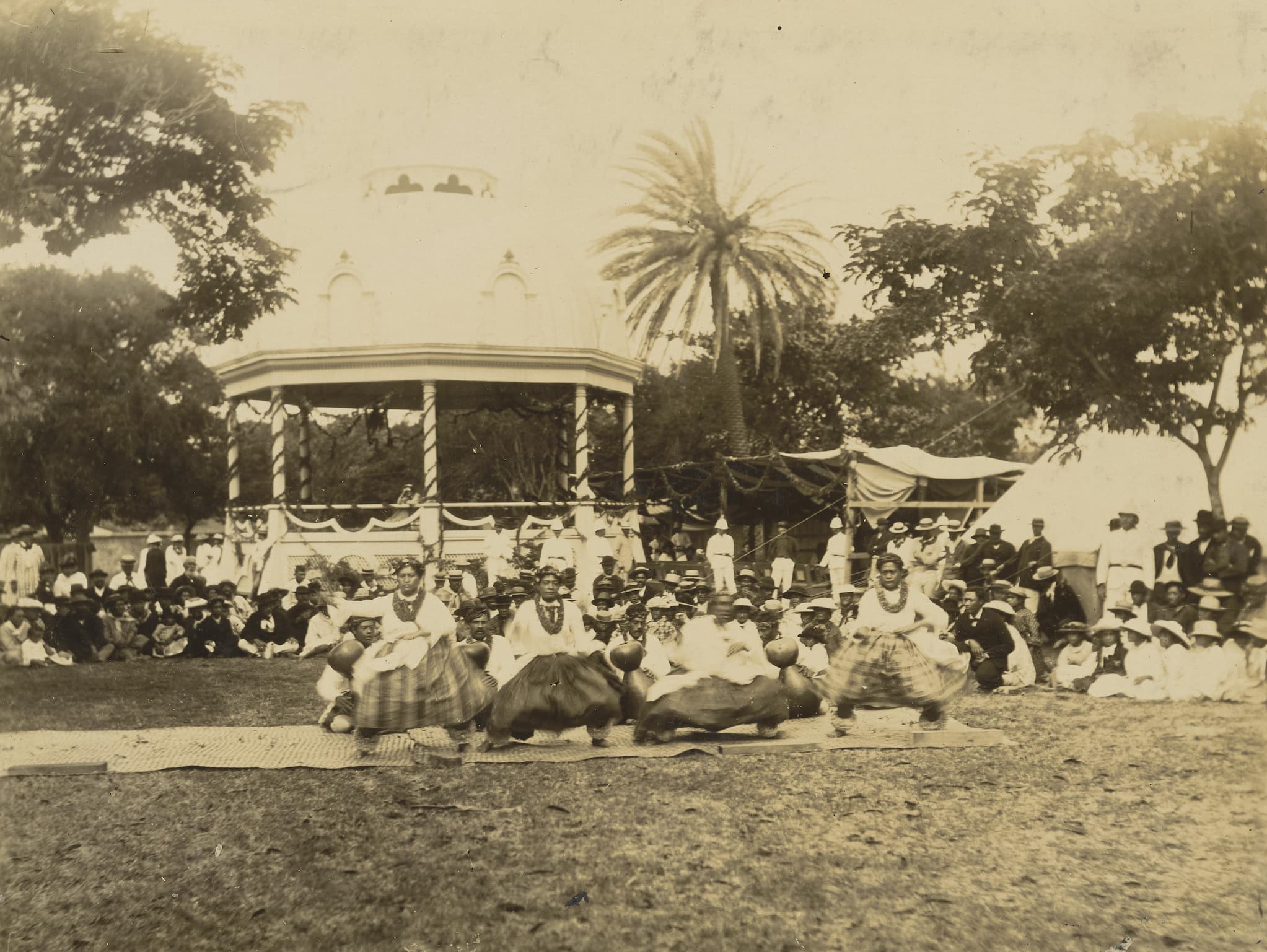 At King Kalākaua’s birthday celebration, the audience, seated on the ground in front of a gazebo, watches hula dancers from Hanapēpē, Kauaʻi perform.