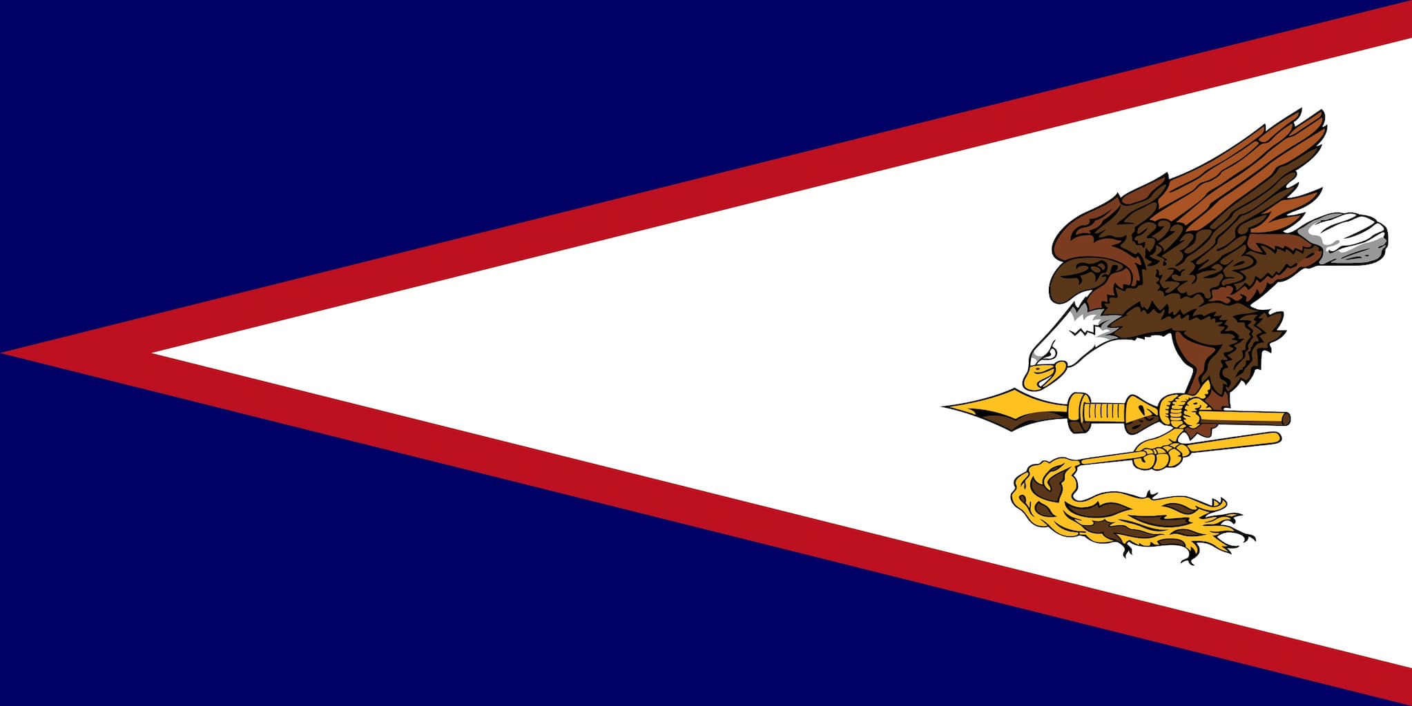 The flag of Amerika Sāmoa. A red-edged white triangle points left against navy backdrop, with a flying bald eagle on the right side of the flag.