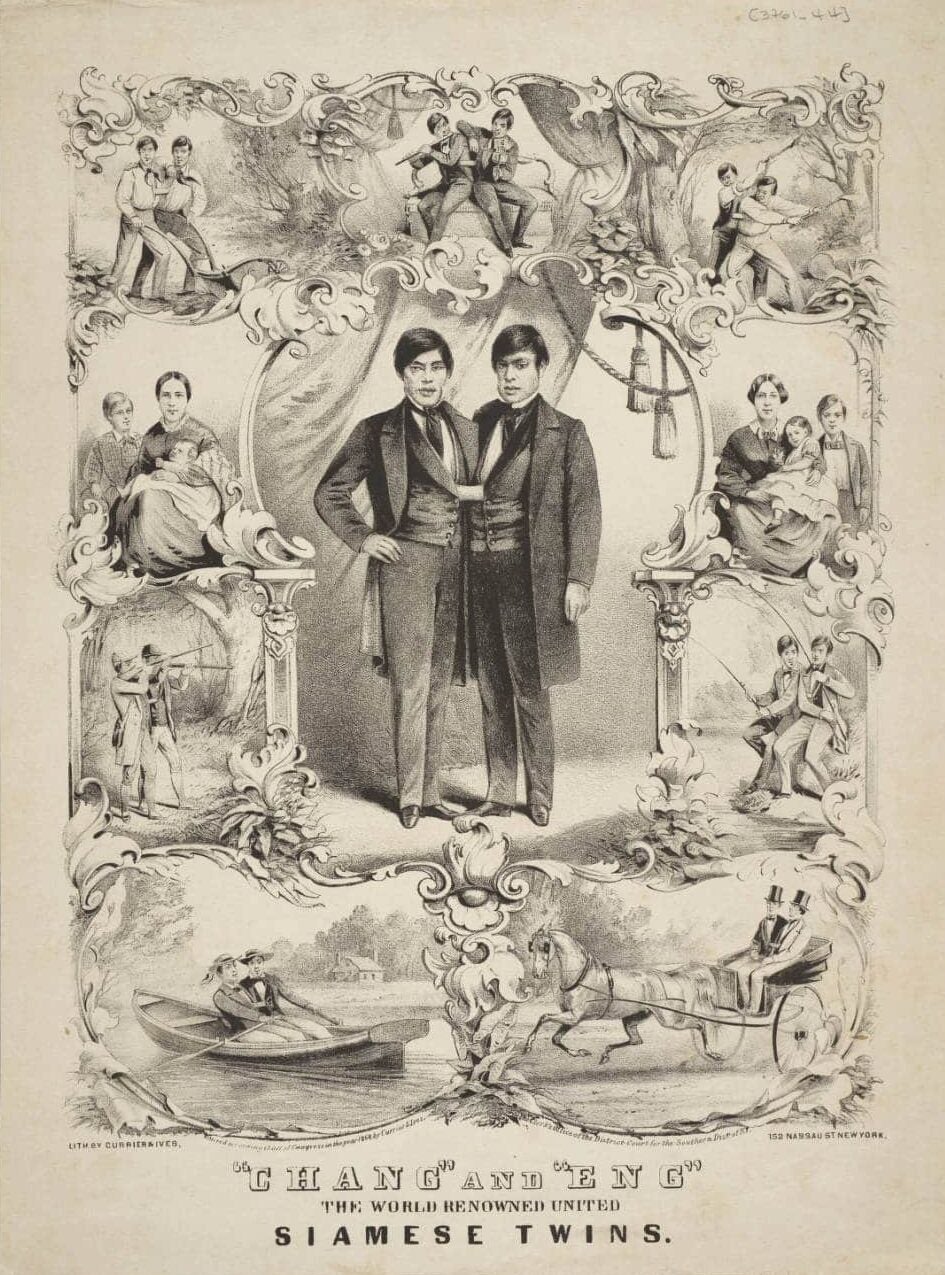 A lithograph of Eng and Chang Bunker surrounded by idyllic scenes of family life, leisure, labor, and assimilation to the American lifestyle.