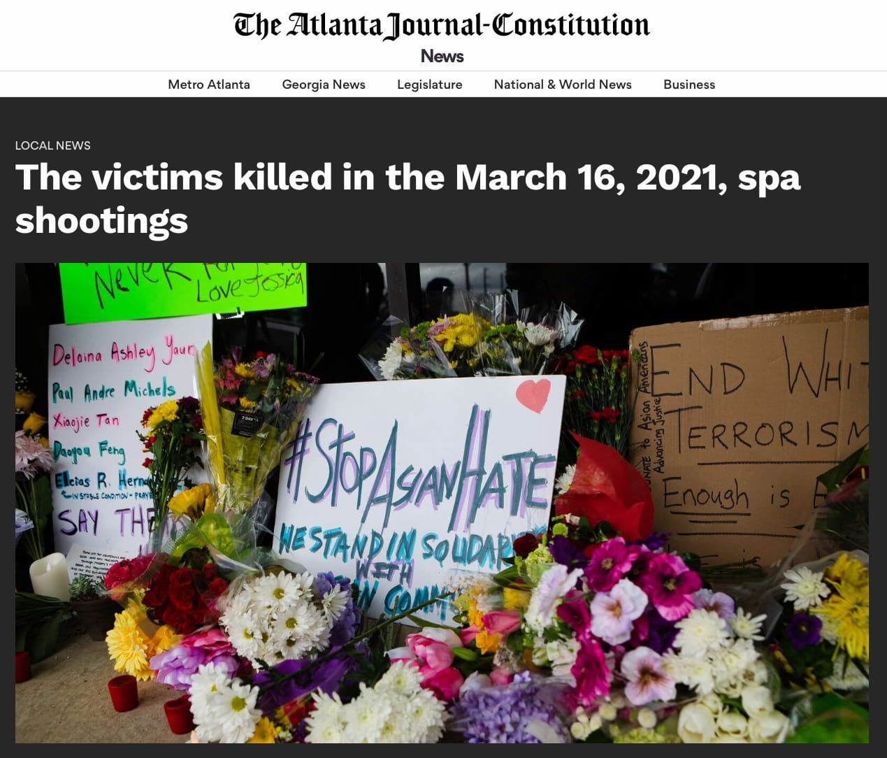 Newspaper masthead and headline regarding victims of the spa shootings. Beneath, photo of memorial with bouquets and signs protesting Asian Hate.