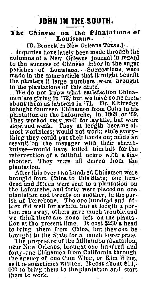 1873 Chicago Daily Tribune article, "John in the South," criticizes Chinese indentured labor on Southern plantations.