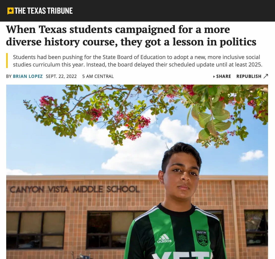 Newspaper masthead and headline about students wanting more diverse history course. Photo of young boy, standing in front of school, appears beneath.