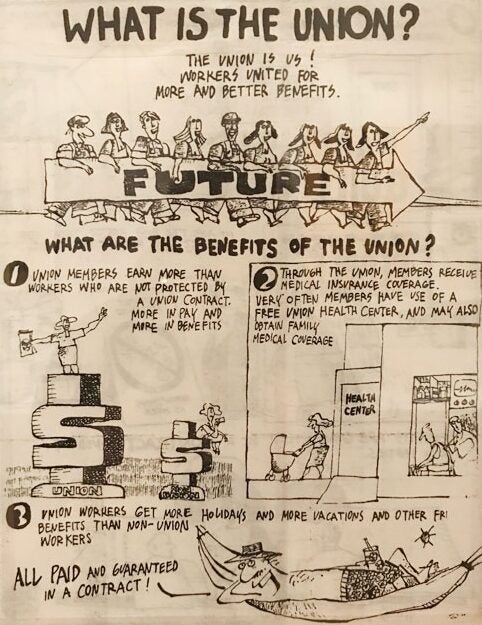 A pamphlet, in English, describes what a union is and its benefits. Illustrations accompany text.