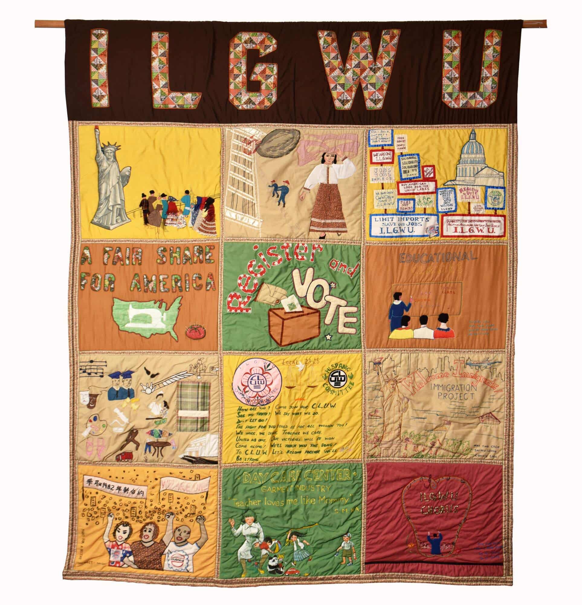 Quilt made by union members. Beneath the letters "ILGWU" are 12 squares, each with scenes depicting causes and activities important to ILGWU.