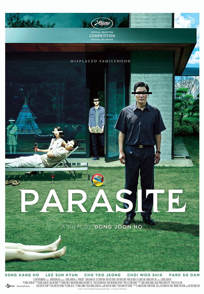 Characters from the film Parasite sit and stand in front of modern-looking home with stark lines drawn across their eyes.