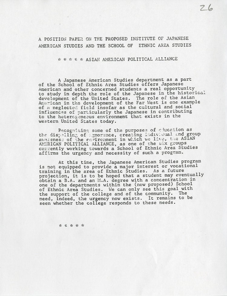 Typed Third World Liberation Front strike position paper for Asian American Political Alliance.