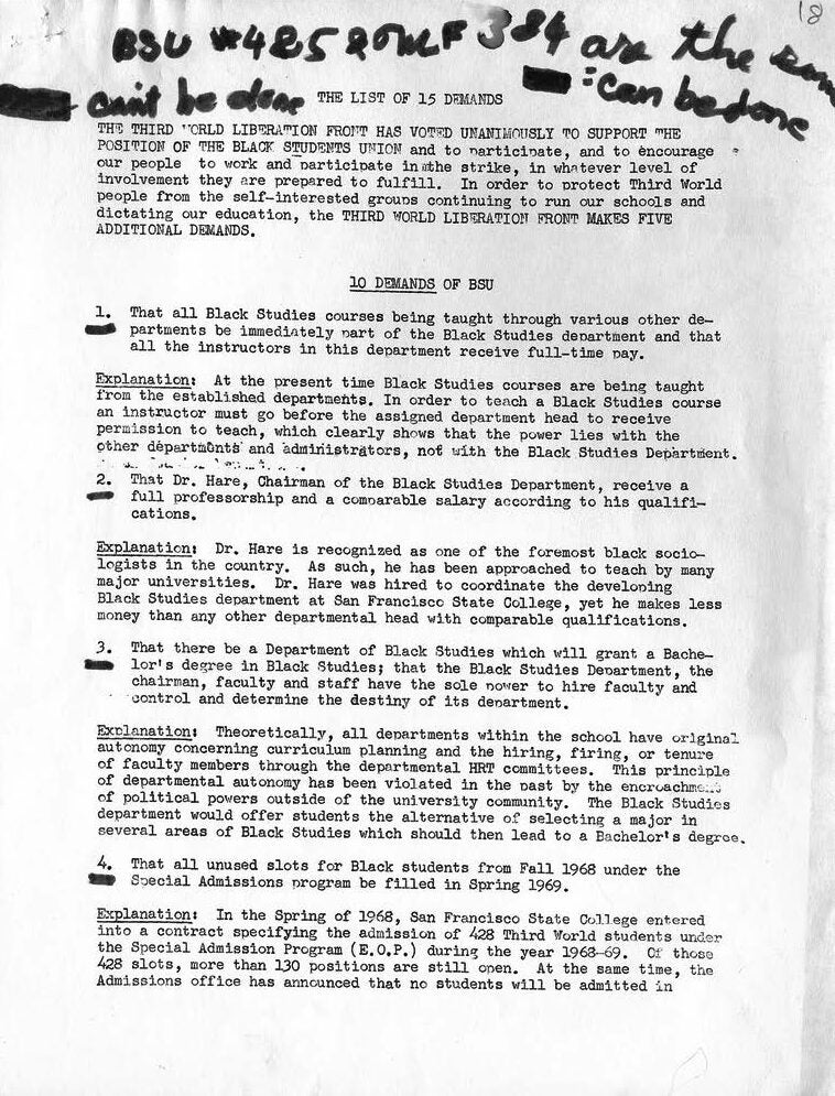 A three page, typewritten document, entitled "The List of 15 Demands," outlines the 10 demands of the BSU and the 5 demands of the TWLF.