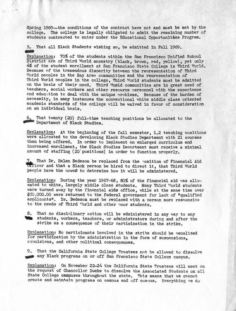 A three page, typewritten document, entitled "The List of 15 Demands," outlines the 10 demands of the BSU and the 5 demands of the TWLF.