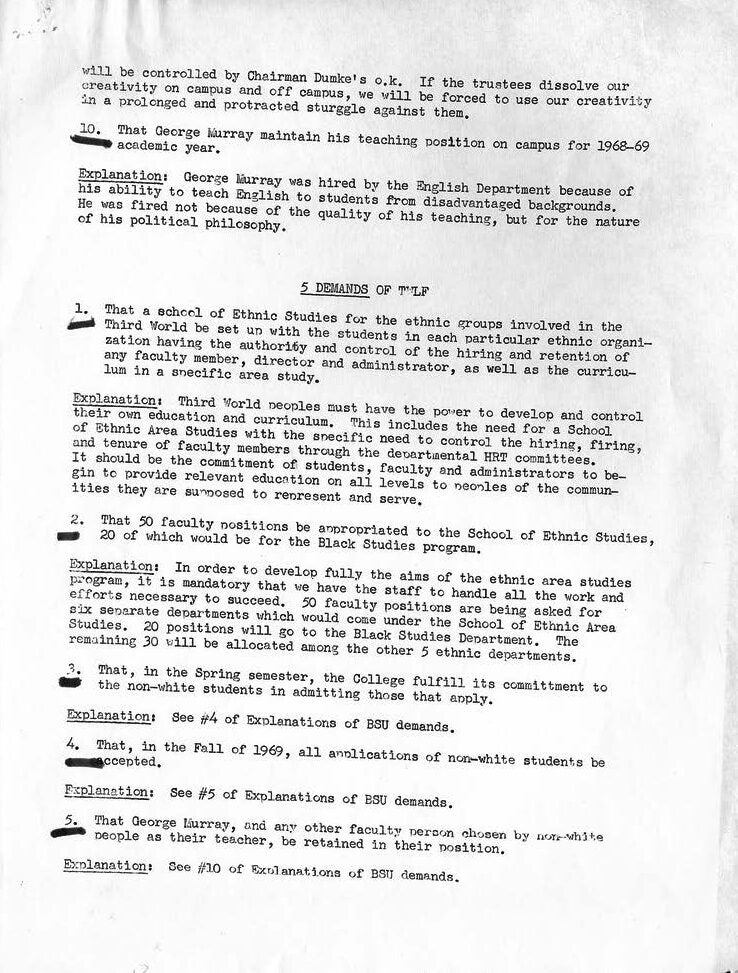 A three page, typewritten document, entitled "The List of 15 Demands," outlines the 10 demands of the BSU and the 5 demands of the TWLF.