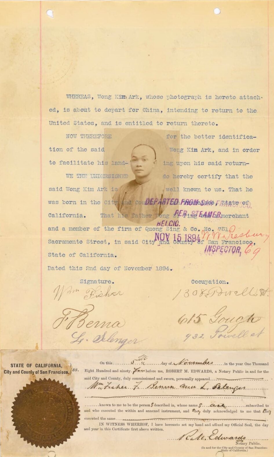 Wong Kim Ark's notarized re-entry papers after visiting family in China including text, identification photo, and official State of California seal.