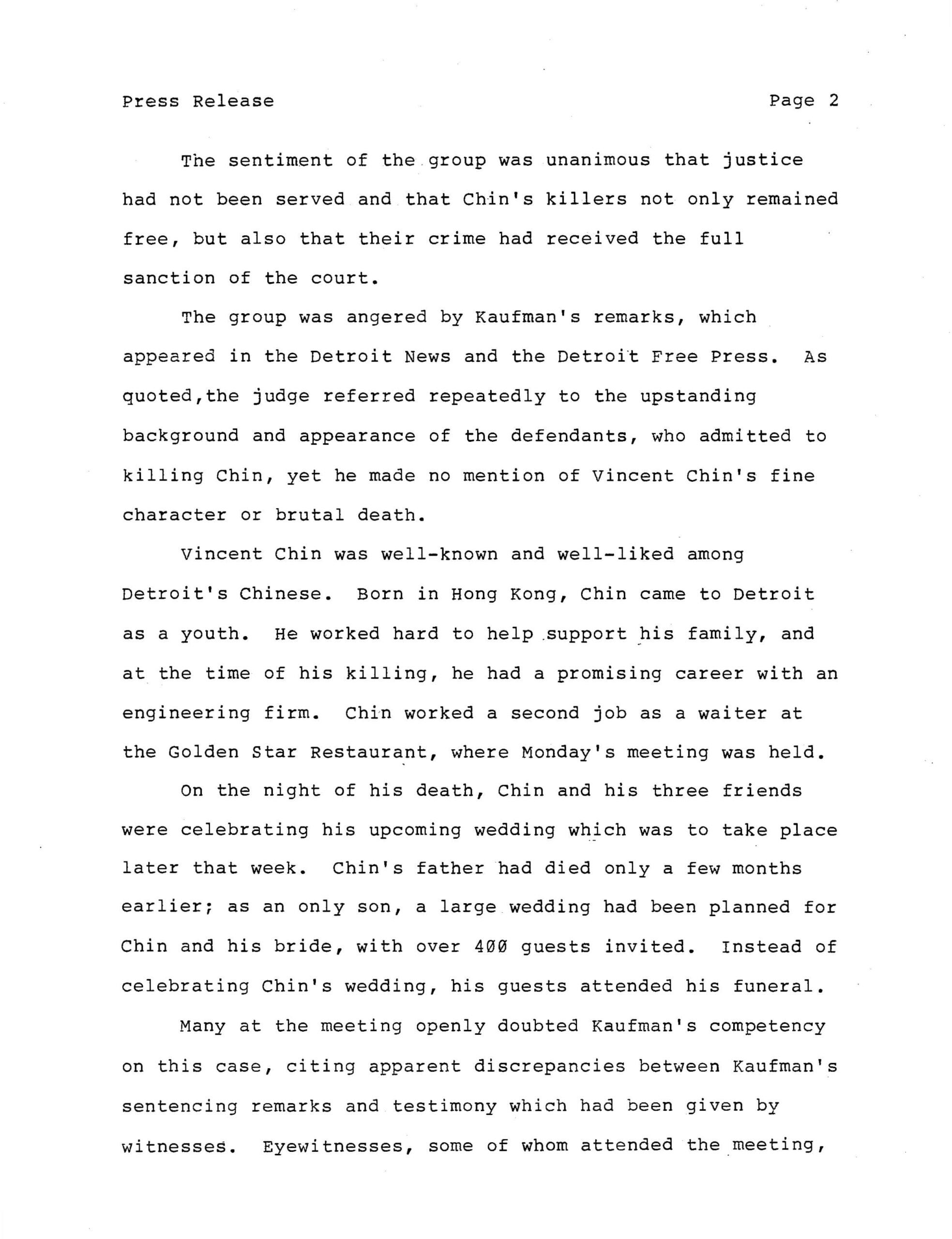 Page 2 of 3: Press release by Chinese On Leong Association, black text on white, expresses community outrage at the sentencing outcome of Vincent Chin's killers.