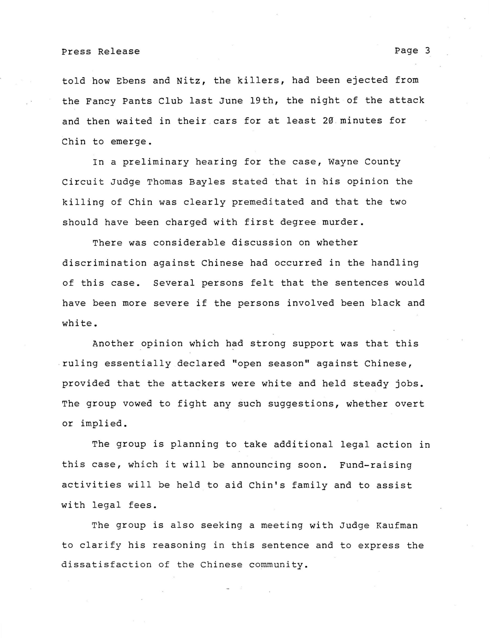 Page 3 of 3: Press release by Chinese On Leong Association, black text on white, expresses community outrage at the sentencing outcome of Vincent Chin's killers.