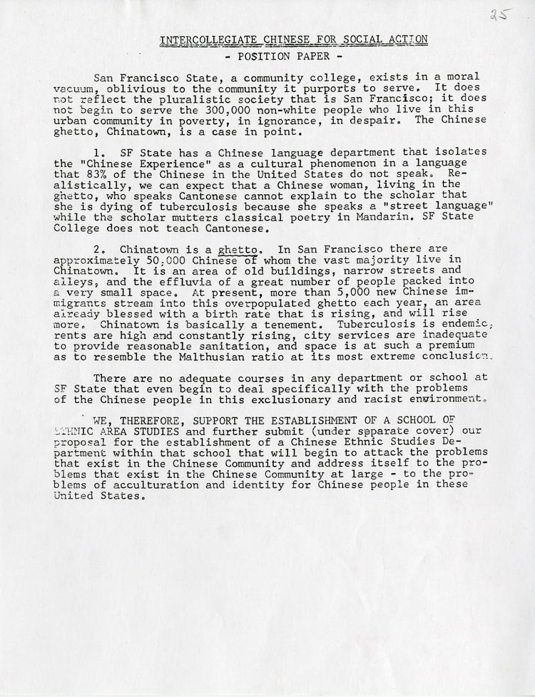 Typed Third World Liberation Front strike position paper for Intercollegiate Chinese for Social Action.