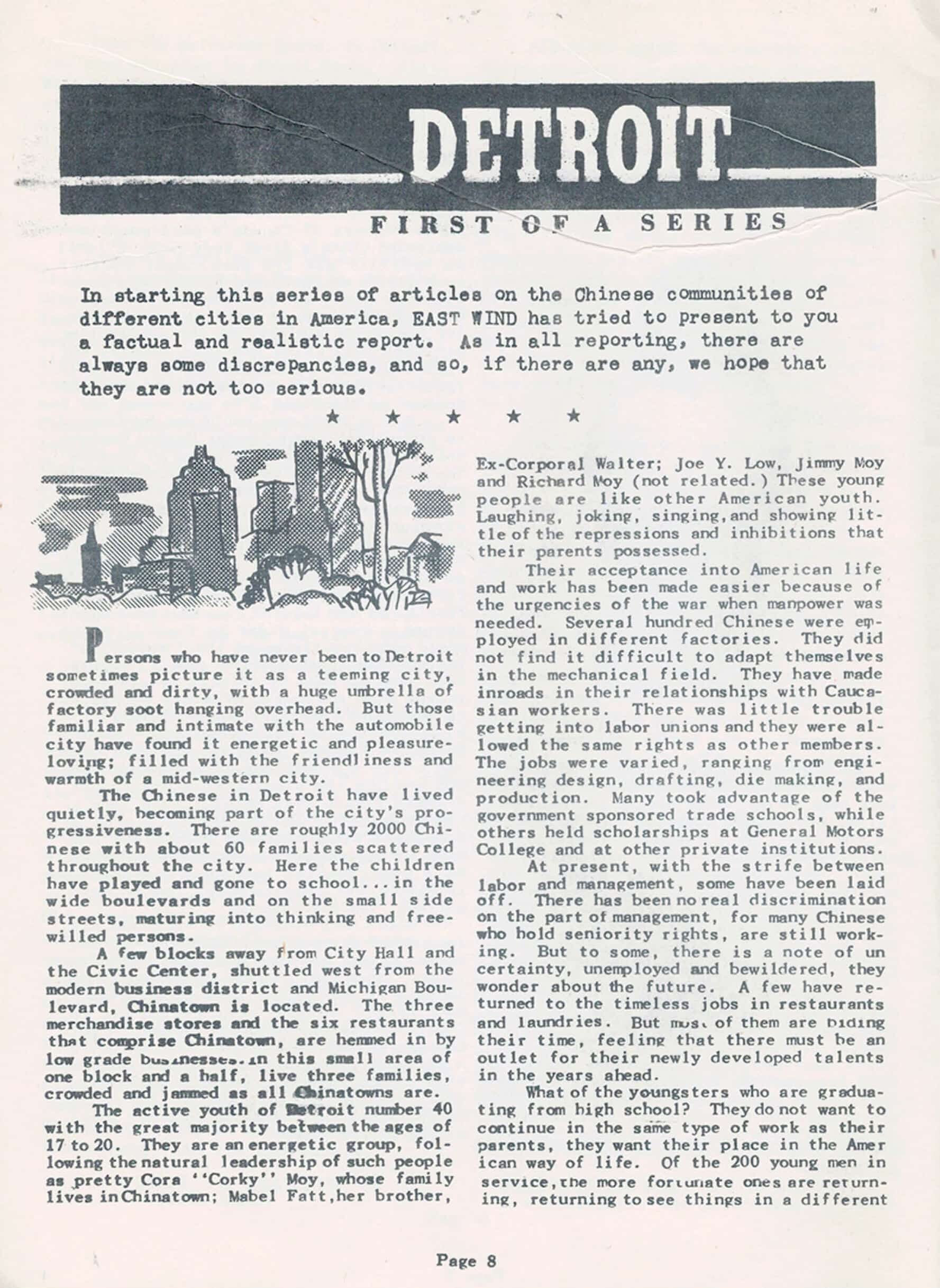 Three-page newsletter with graphic heading of word "Detroit." Below are photos and text documenting the Chinese American community in Detroit.