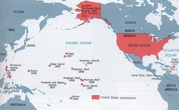 Historical map centered on Pacific Rim countries. Land shaded in red is labeled "United States possessions." Other countries are shaded blue.