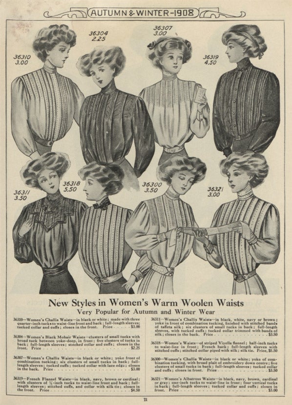 Illustrated advertisement for shirtwaists, a buttoned blouse. The ad depicts illustrations of several women modeling new styles of shirtwaists.
