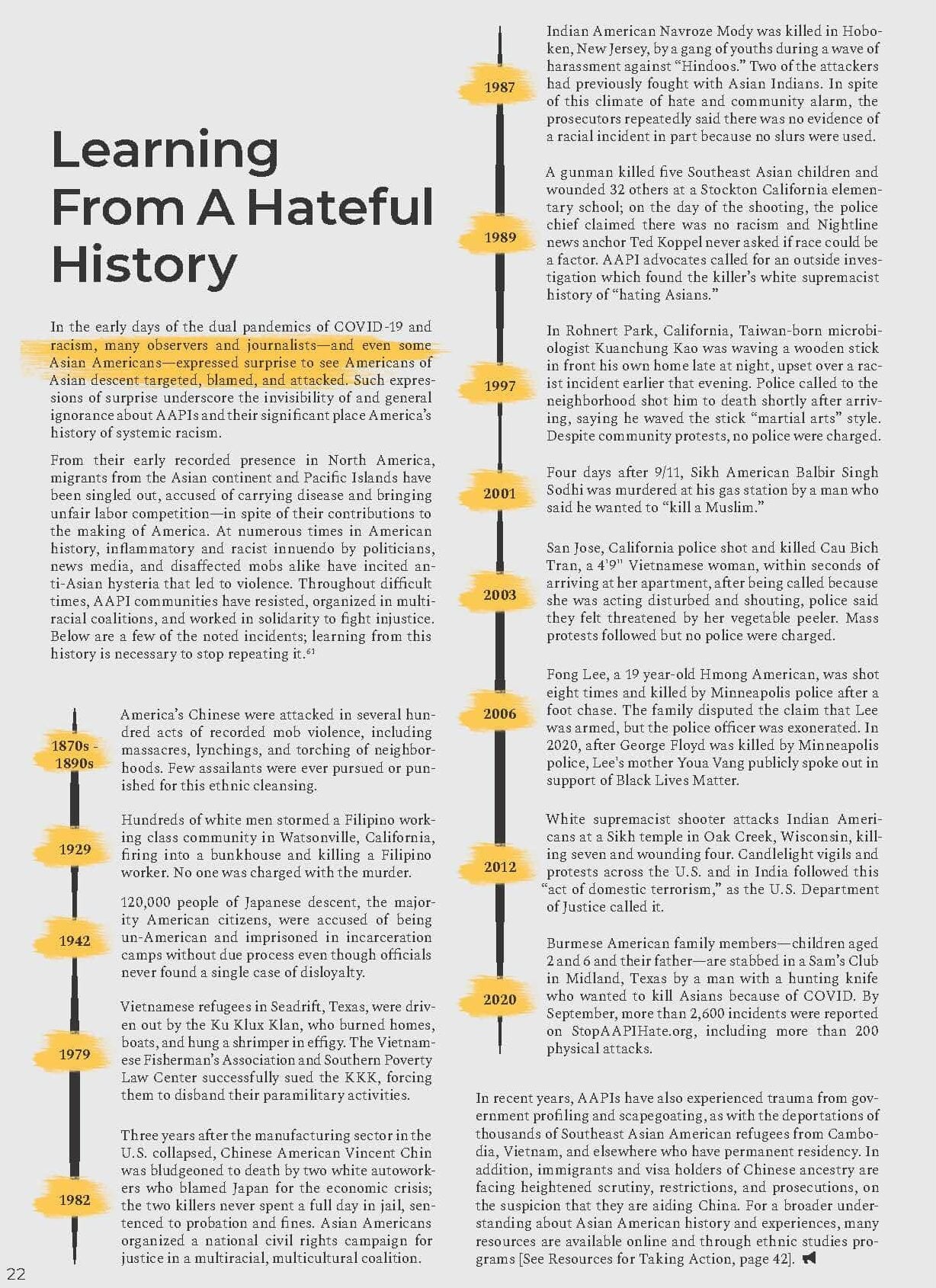 Timeline of anti-Asian violence in America shown in two columns, organized with event dates starting from 1870 to 2020 highlighted in yellow.