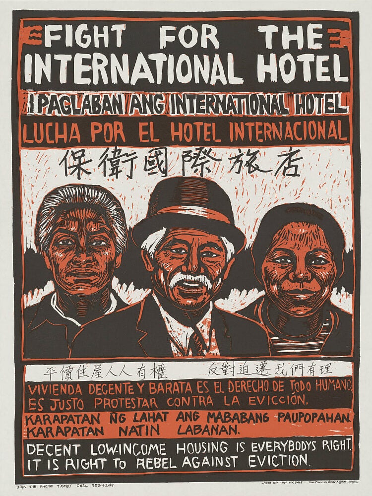 Poster with "Fight For The International Hotel" written at the top, translated into multiple languages below. At center is a drawing of tenants.
