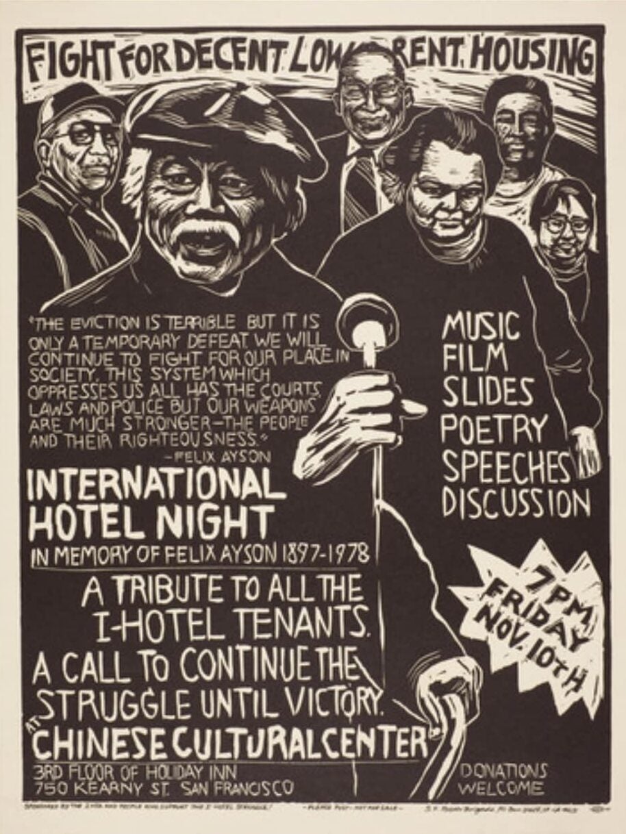 Block print poster with text "Fight For Decent Low Rent Housing" at the top. Poster features drawings of Felix Ayson, I-Hotel tenant, and others.