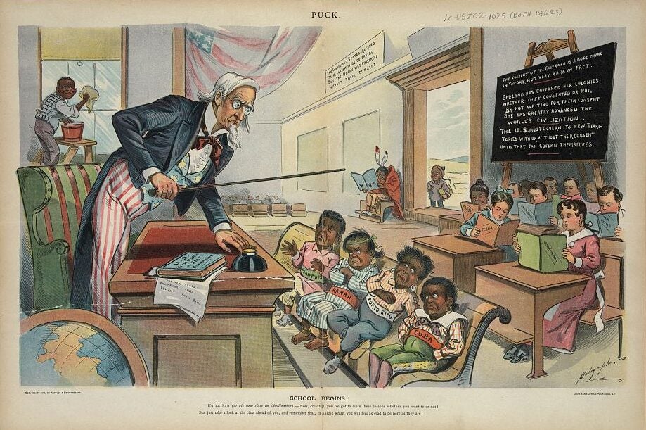 Cartoon with Uncle Sam, a white man dressed in stars and stripes of U.S. flag, who looms over brown children wearing names of different countries.