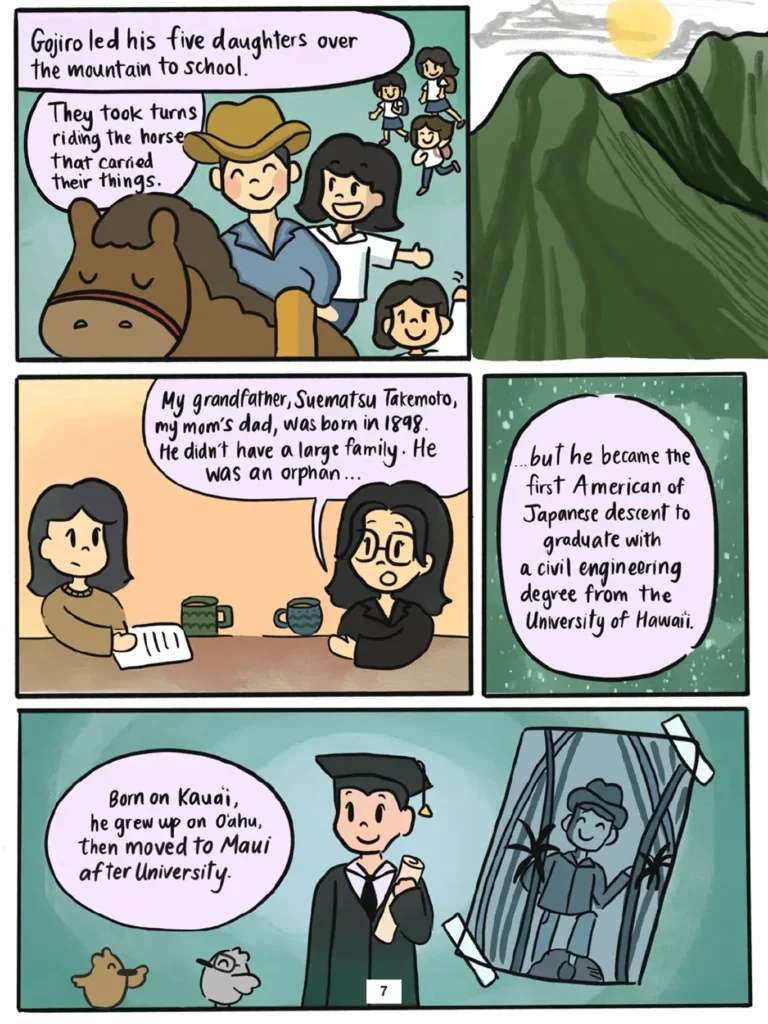 Page 7. Five panels show Wendy Mink continuing to explain the history of her family to Vi. The first panel shows Gojiro riding a brown horse with one of his daughters seated behind him, while his other four daughters follow along on foot. Wendy explains that Gojiro led his five daughters over the mountain to school, and they each took turns riding the horse which carried their things. The second panel shows a tall green mountain. In the third, fourth, and fifth panels, Wendy mentions her grandfather, Suematsu Takemoto, who was born on Kaua'i in Eighteen Ninety Eight and grew up in Oahu. Although he was an orphan, he became the first Japanese American to earn a degree in civil engineering from the University of Hawai'i. Suematsu moved to Maui after finishing university.