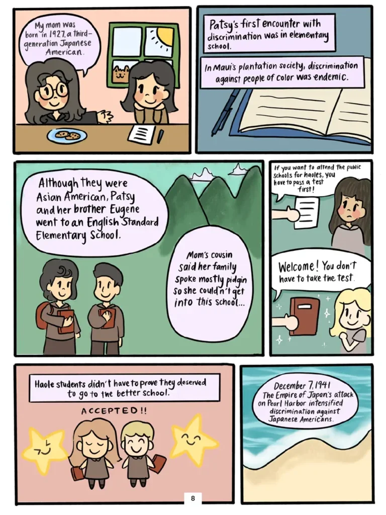 Page 8. 6 panels show Patsy's childhood. Wendy explains that her mother, Patsy, a third generation Japanese American, was born in Nineteen Twenty Seven, and that Patsy first experienced racism in elementary school. Discrimination against people of color was endemic in Maui's plantation society. Patsy and her brother had to pass a test in order to attend an English Standard Elementary School, whereas Haoles (white children) did not have to take a test. Most of Patsy's relatives could not attend this English school since they only spoke Pidgin. Later, discrimination against Japanese Americans intensified after the Empire of Japan attacked Pearl Harbor on December 7, Nineteen Forty One.