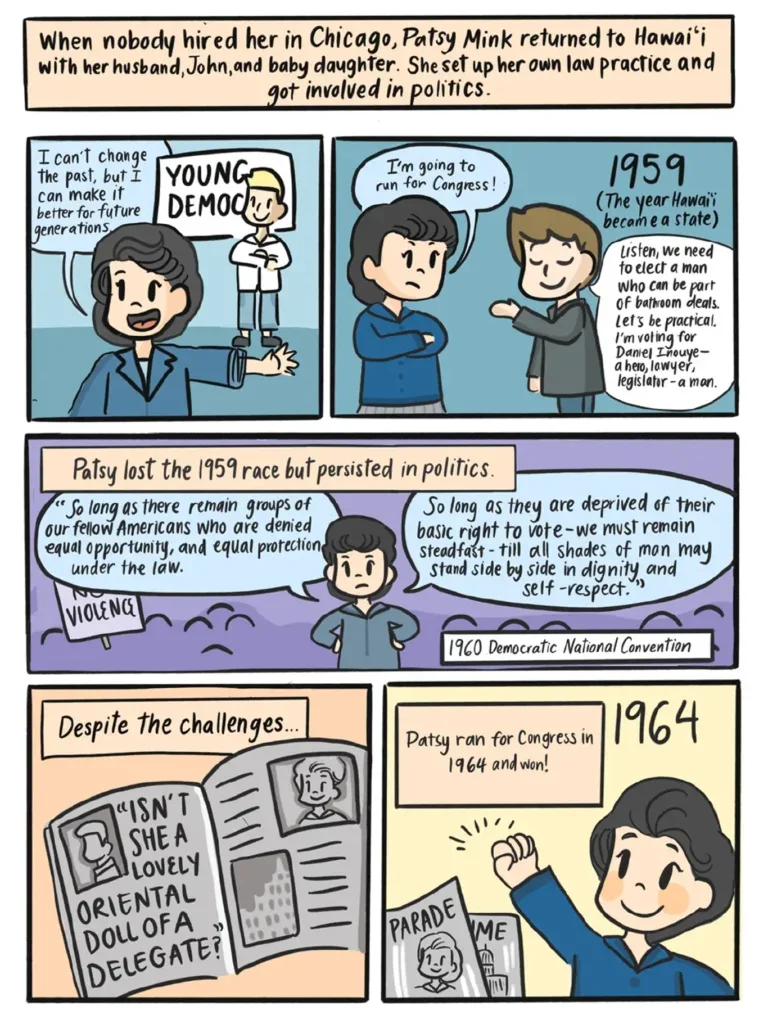 Page 13. Five panels describe Patsy's career after graduating law school. After being unable to get hired in Chicago, Patsy moves back to Hawai'i with her husband John and her daughter Wendy, where she establishes her own law practice and becomes involved in politics. Hawai'i becomes a state in Nineteen Fifty Nine, and in that same year Patsy Mink runs for Congress to improve the prospects of future generations. A white man explains to her that he intends to vote pragmatically for Daniel Inouye, a hero, a lawyer, a legislator, and a man. Mink loses the race, but continues in politics. At the Nineteen Sixty Democratic National Convention, Mink says "So long as there remain groups of our fellow Americans who are denied equal opportunity, and equal protection under the law, so long as they are deprived of their basic right to vote, we must remain steadfast, until all shades of man may stand side by side in dignity and self respect." Mink faces challenges in her political campaigns, such as a demeaning newspaper headline titled "Isn't She a Lovely Oriental Doll of a Delegate?" yet she eventually wins her congressional race in Nineteen Sixty Four.