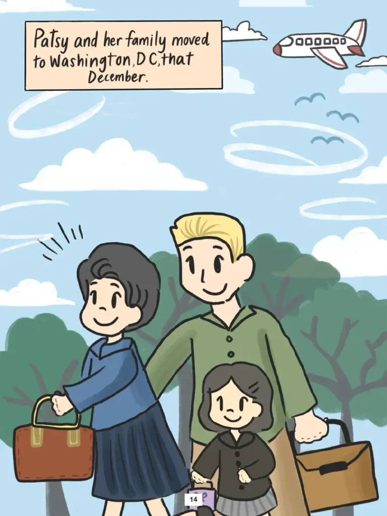 Page 14. Patsy and her family moved to Washington, D C, that December. A full page illustration shows Patsy, her husband John, and her daughter Wendy smiling in the foreground as they walk from right to left, each carrying a suitcase. A row of green trees sits in the background in front of a blue sky. A passenger airplane is shown in the air at the top right corner of the image.