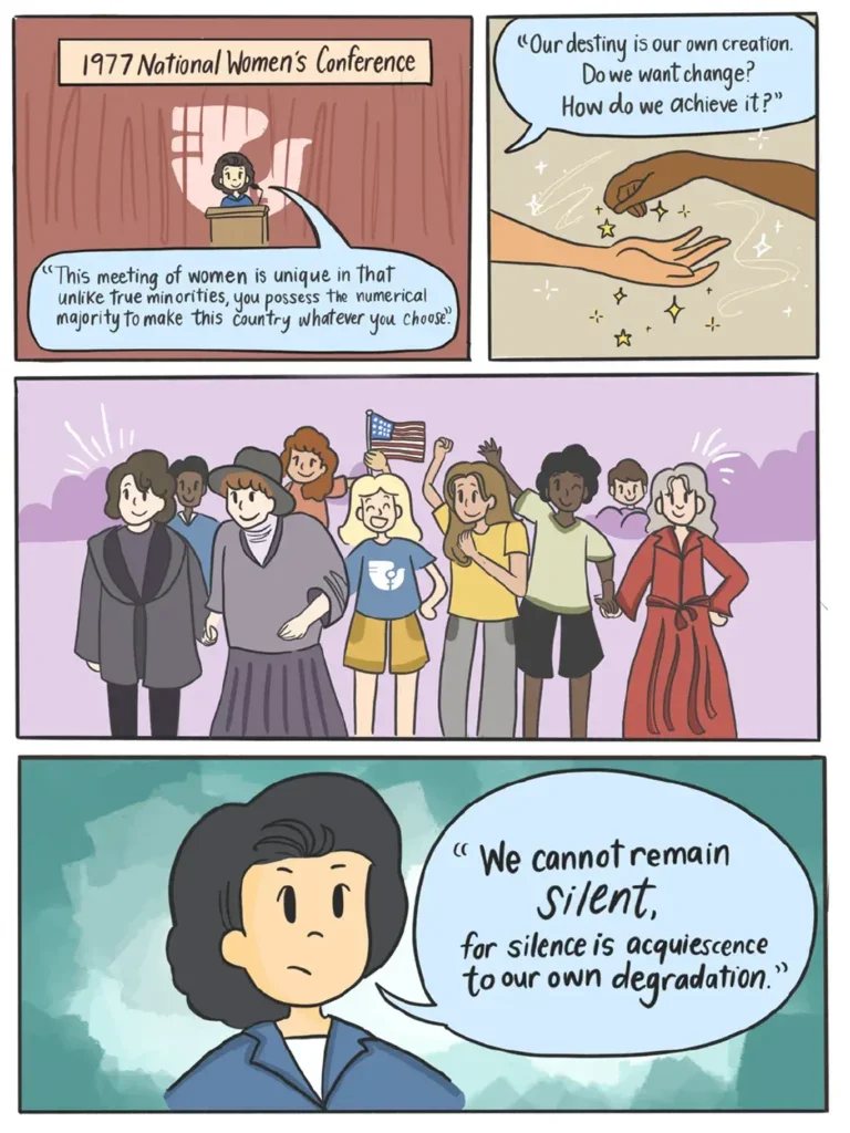 Page 20. Four panels show Patsy Mink standing at a podium as she addresses the Nineteen Seventy Seven National Women's Conference. Mink says, "This meeting of women is unique in that unlike true minorities, you possess the numerical majority to make this country whatever you choose. Our destiny is our own creation. Do we want change? How do we achieve it? We cannot remain silent, for silence is acquiescence to our own degradation."