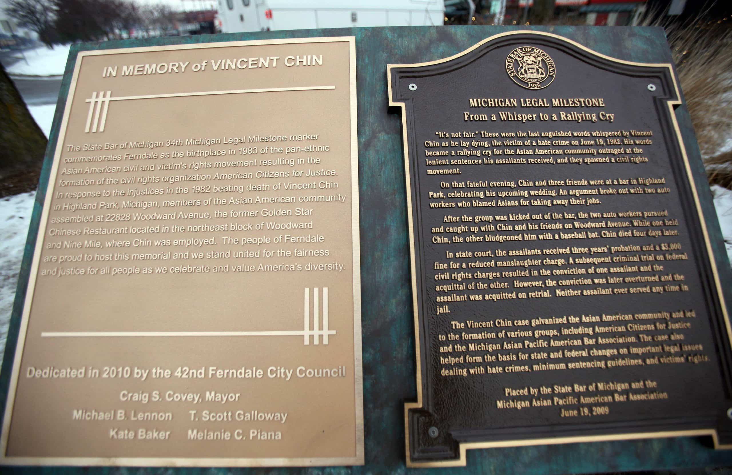Two plaques dedicated to Vincent Chin are displayed in Ferndale, Michigan.
