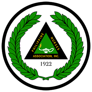 Circular logo with black border and green laurel wreath; green triangle with lamp in center, and the words Philippine Nurses Association, Inc. 1922.