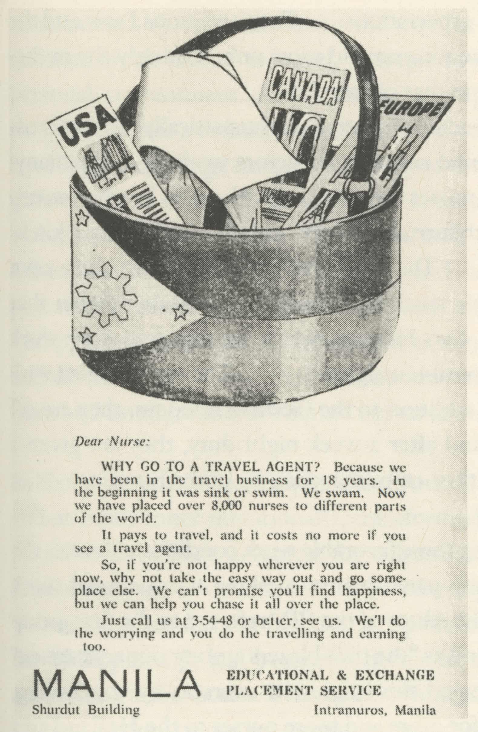Ad with illustration of a basket with the Philippine flag holding brochures for the U.S., Canada and Europe promoting nursing as a means of travel.