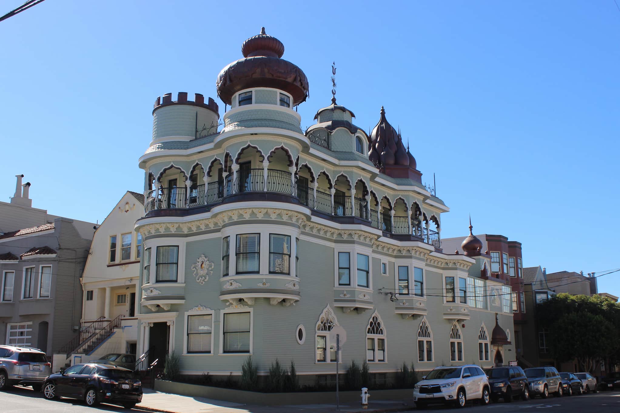 Old Vedanta Temple street view in daylight. The temple is a mixture of architectural styles - Queen Anne, Colonial, Oriental, Moorish and medieval.