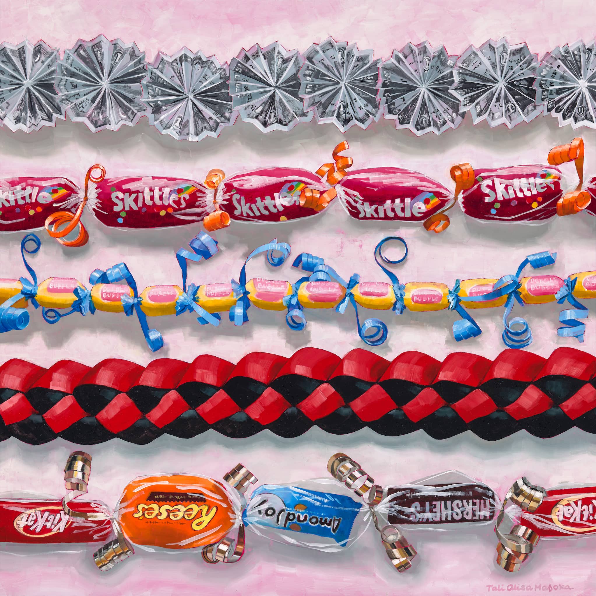 Painting of five lei. From top to bottom, made with U.S. dollar bills, Skittles, Dubble Bubble, red and black ribbons, and chocolate candy bars.