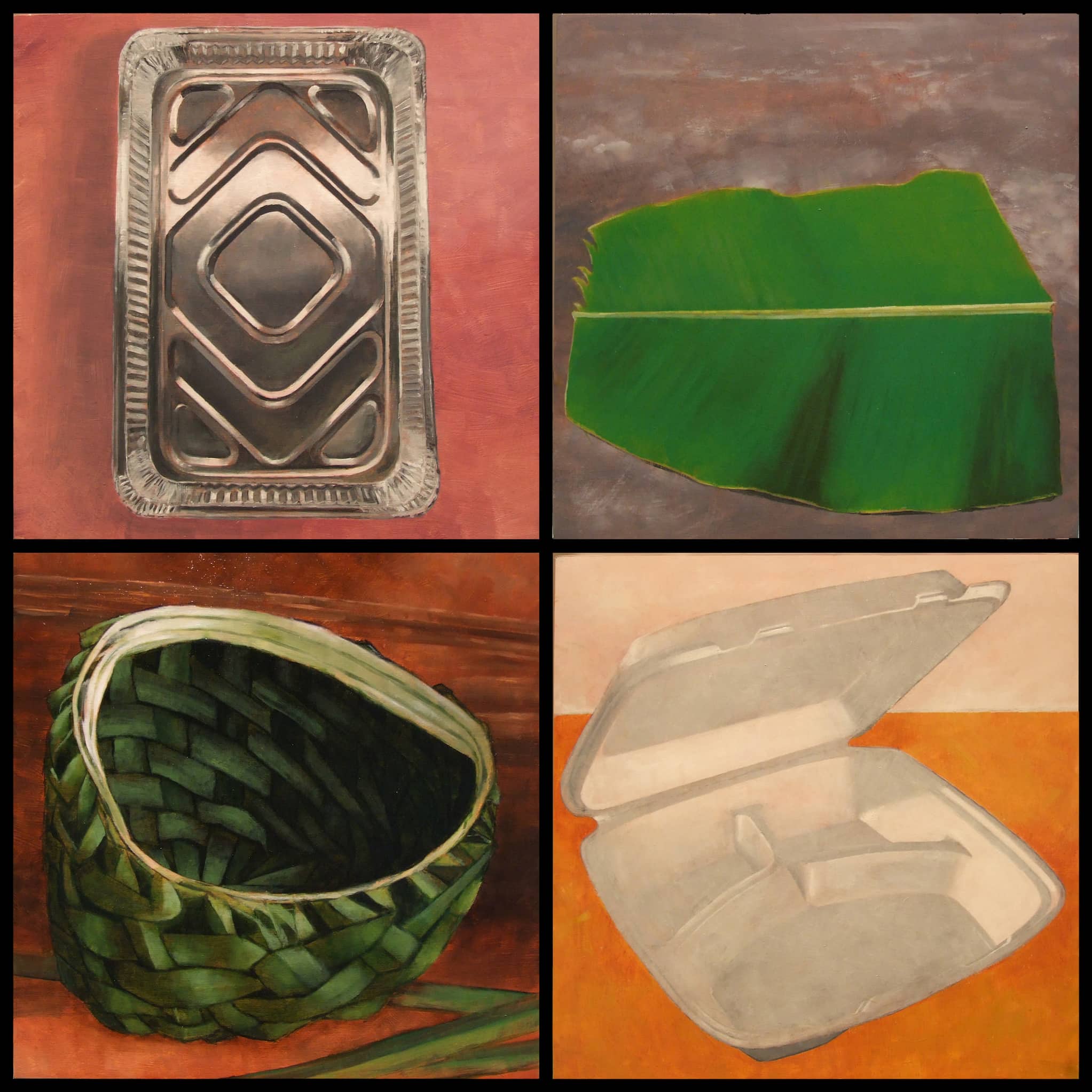 Painting shows four food containers. From left to right, an aluminum pan, an umu, or an earth oven, a large banana leaf, and a styrofoam takeout box.