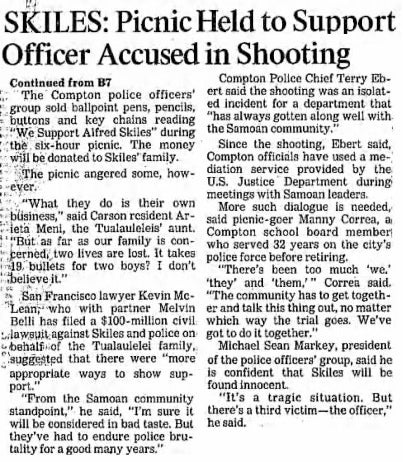 Newspaper article entitled, "Skiles: Picnic Held to Support Officer Accused in Shooting." Samoan community reacts to a fundraiser for Officer Skiles.