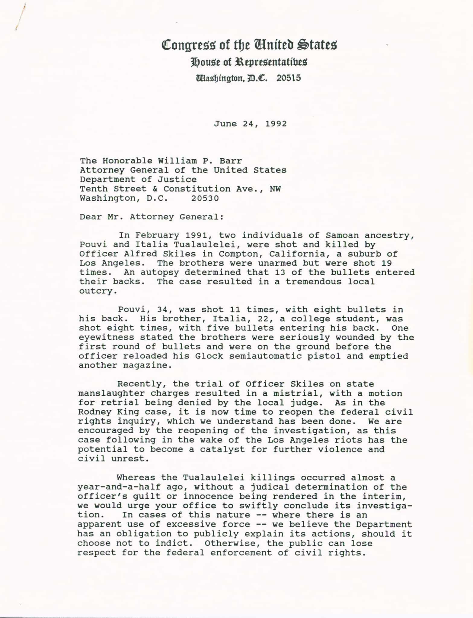 In a typewritten letter, members of Congress write to U.S. Attorney General William Barr, seeking justice in the deaths of the Tualaulelei brothers.