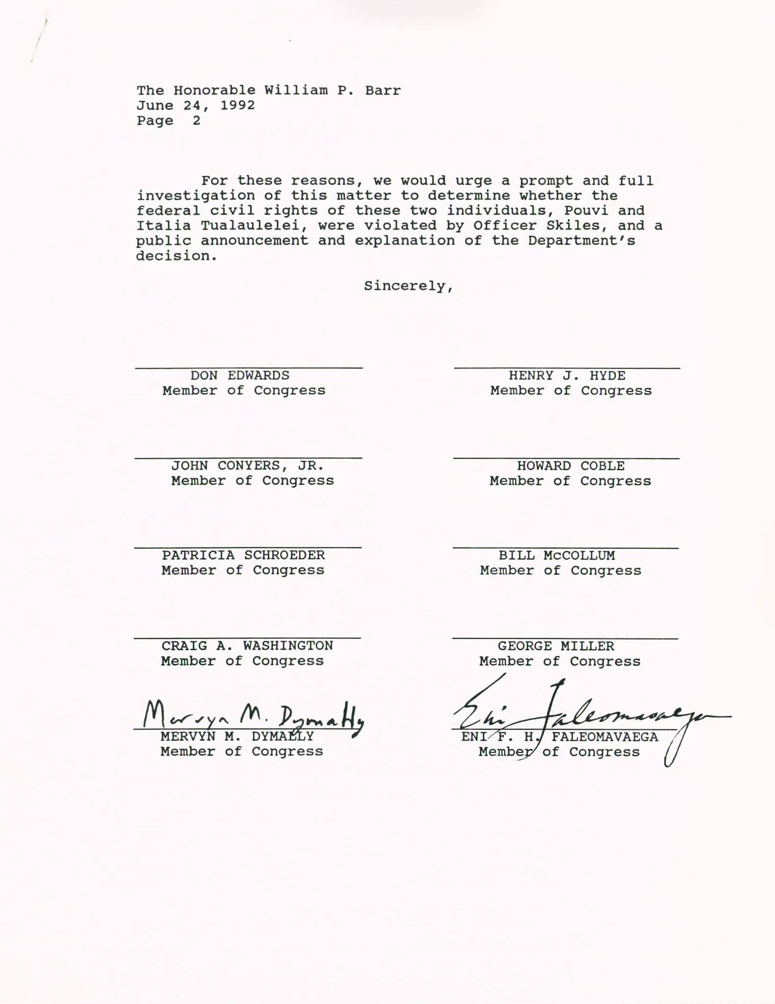 In a typewritten letter, members of Congress write to U.S. Attorney General William Barr, seeking justice in the deaths of the Tualaulelei brothers.