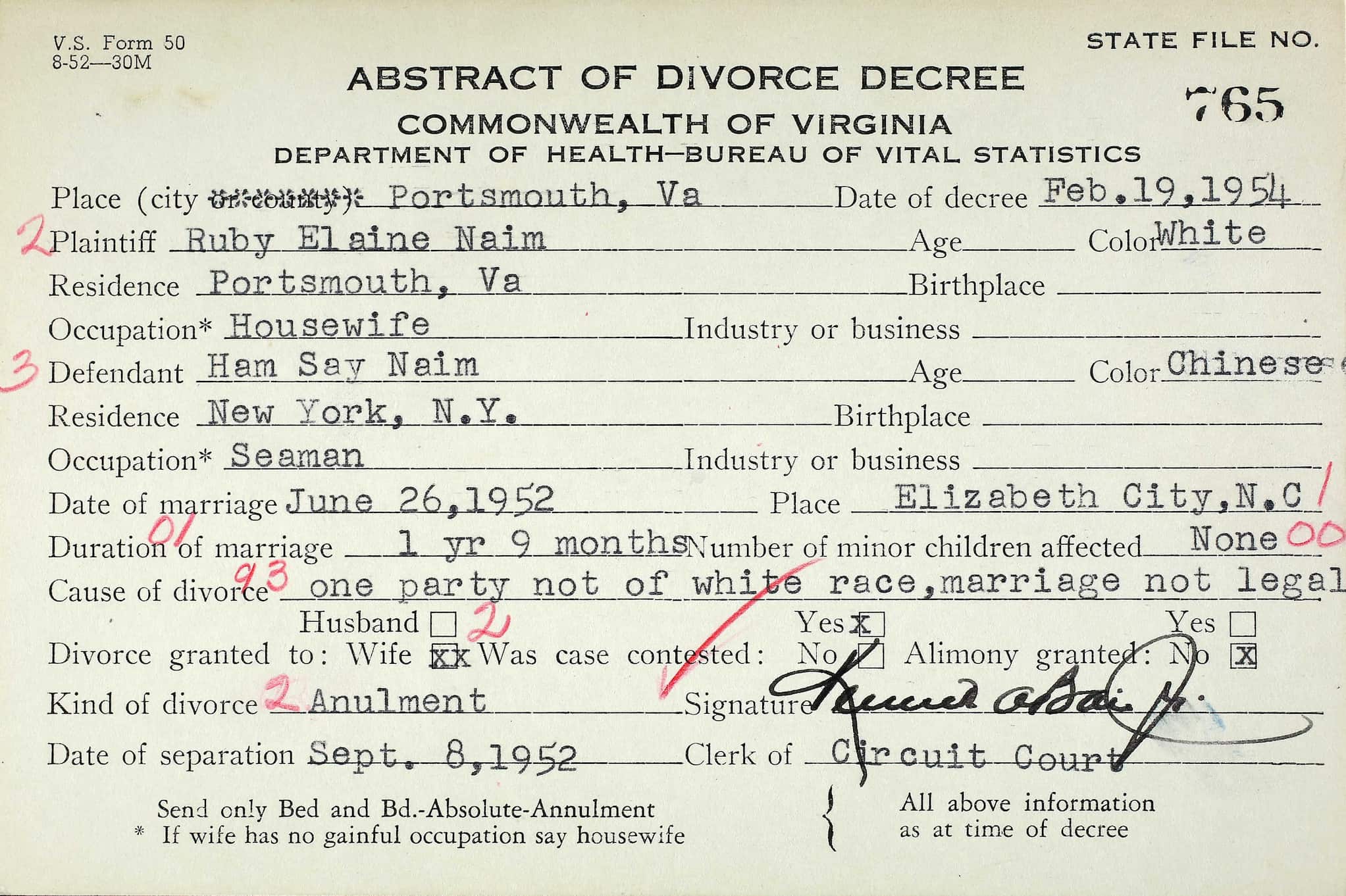 A 1930s document entitled "Abstract of Divorce Decree" from Virginia cites race as a reason to annul a marriage between Ruby and Ham Say Naim.
