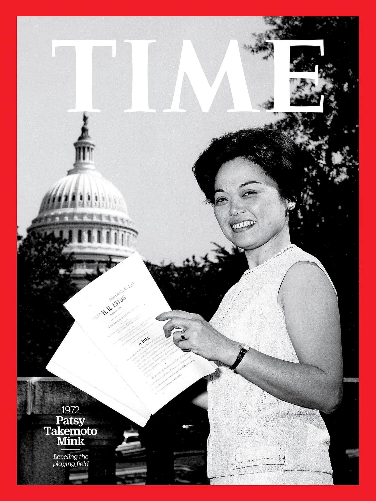 Magazine cover of Patsy Mink, a Japanese American woman wearing sleeveless dress. Mink poses holding a bill with U.S. Capitol Dome in background.