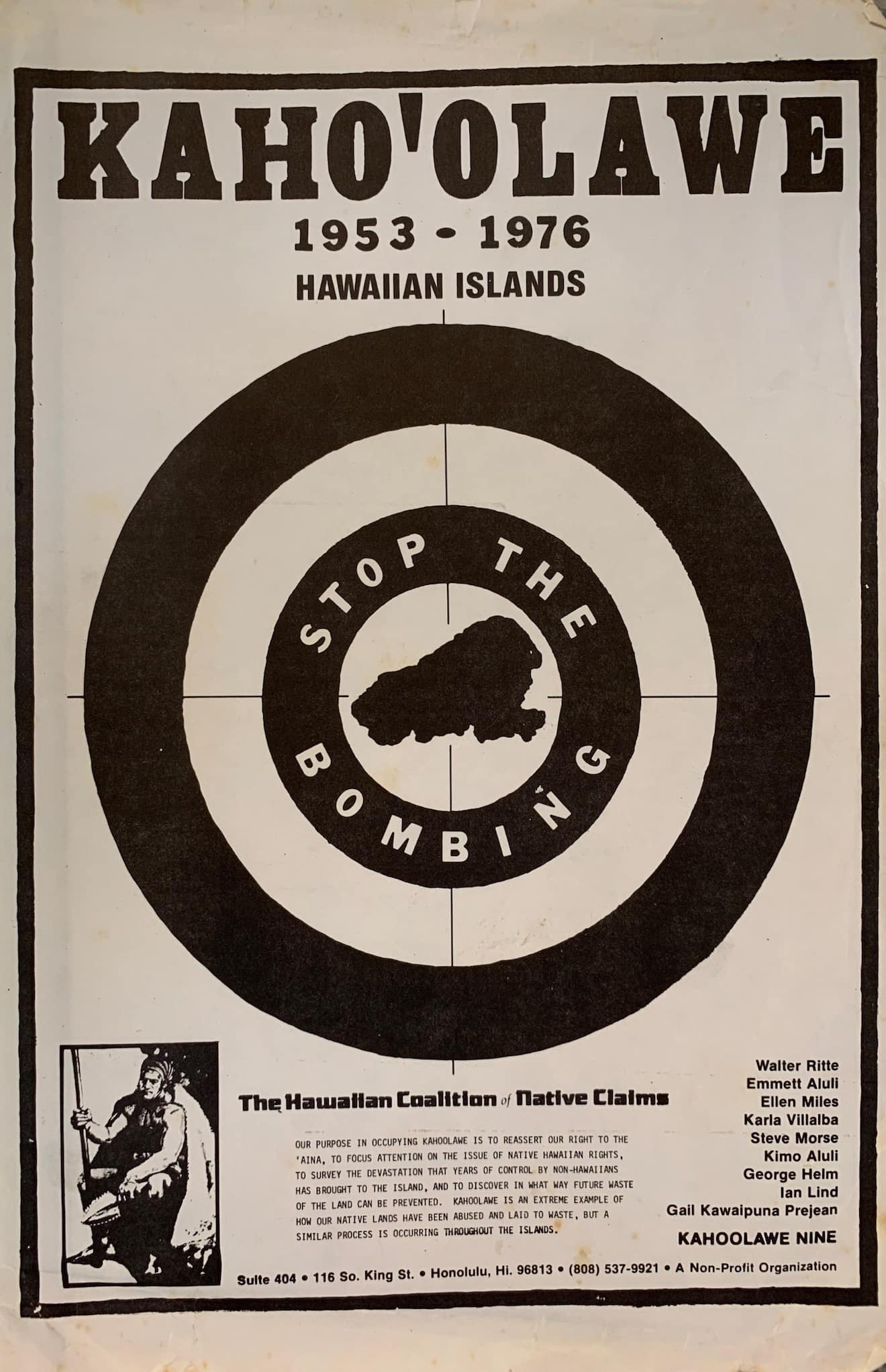 Protest poster with graphic of Kaho'olawe island centered at the bullseye of a target. The words "Stop The Bombing" encircle the island.