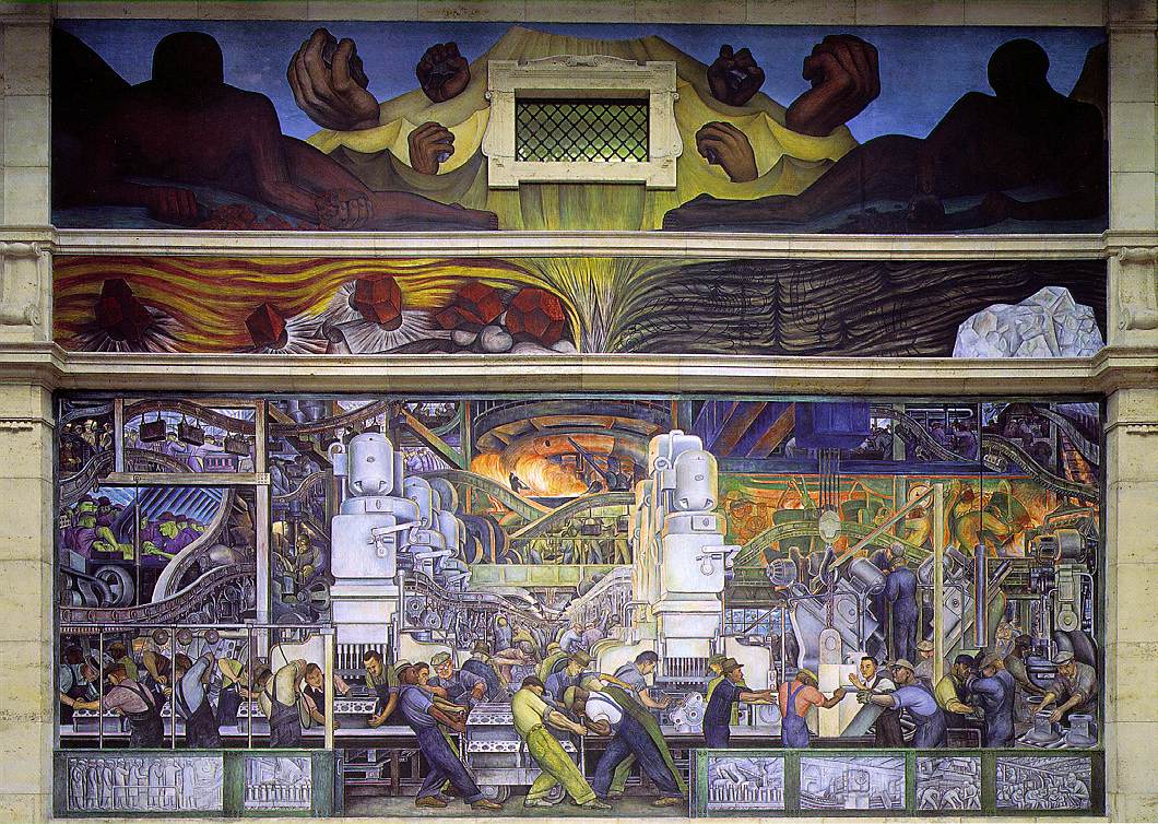 Fresco of a multi-racial group of men engaging in back-breaking assembly line work creating Ford V-8 engines. At the top, hands hold raw materials.