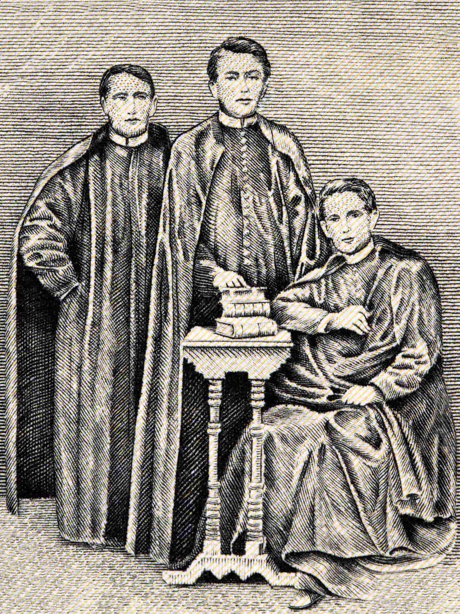 Illustrated portrait of 3 Filipino priests. Two are standing and one is seated around a small table with 3 books.