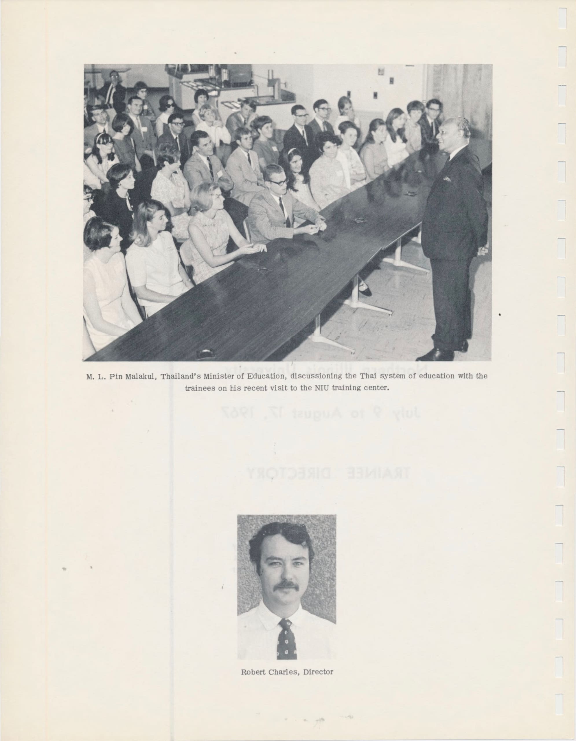 Directory page with two photos. Above, a man in suit addresses rows of people in classroom. Below, a small portrait of the program's director.