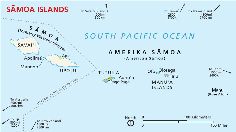 Map of Sāmoa Islands in the South Pacific Ocean. The islands of Sāmoa and American Sāmoa, divided by the international date line, are labeled.