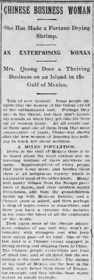 Morning Times article "Chinese Business Woman" features Quong Wo the only known female owner of an Asian-run shrimp business in 1890s New Orleans.
