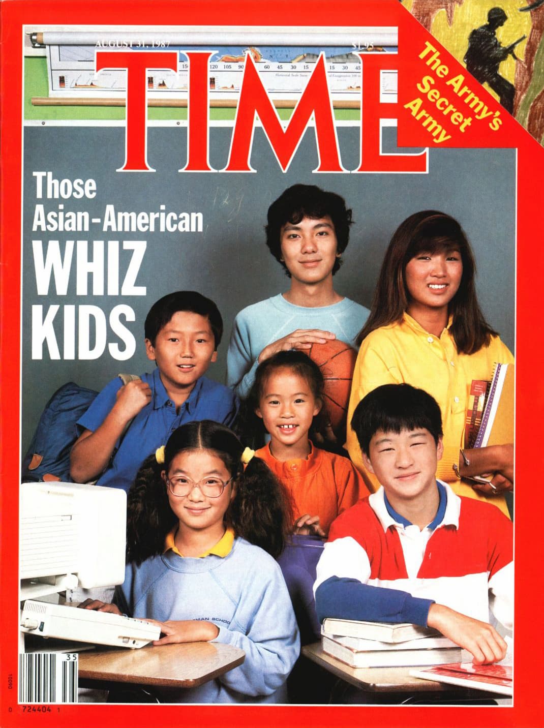Magazine cover with group of young Asian American children. Two sit at desks with computers, while others stand with a backpack, basketball, or books.