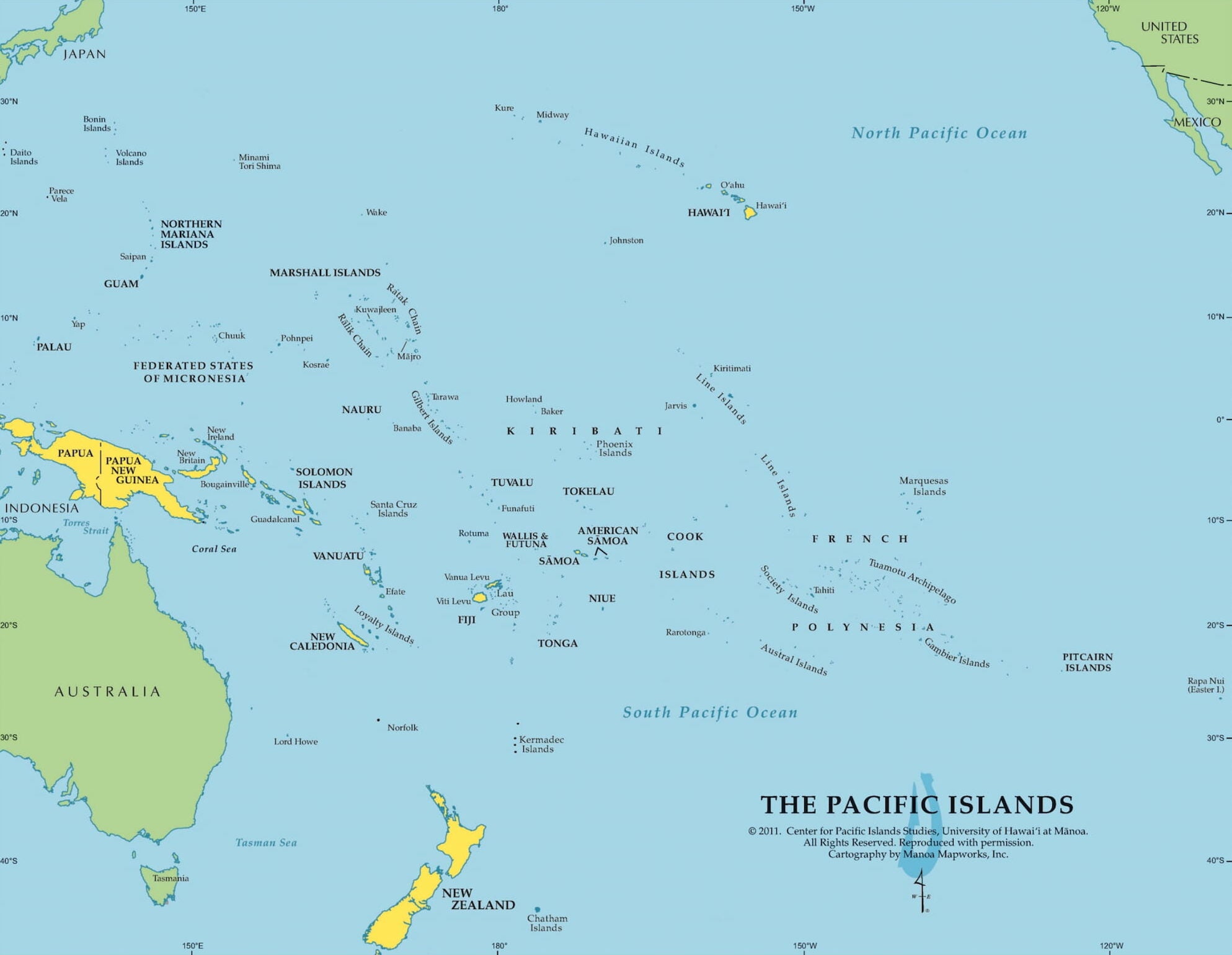 A map of the Pacific Islands, with the place names labeled in black.